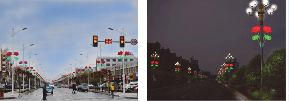 街道灯杆装饰灯具LED荷花灯安装白天/夜景效果